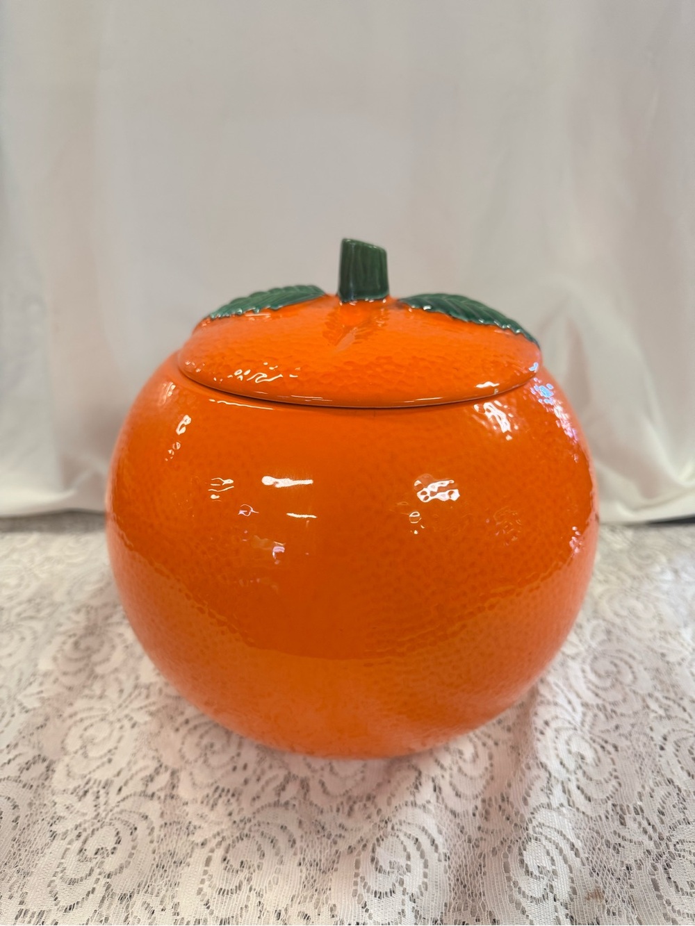 Bright Orange Ceramic Orange Cookie Jar with Green Leaf Lid